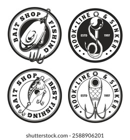 Various logos from a fishing shop showcase different bait and tackle designs. Each logo features unique illustrations of fishing lures and hooks emphasizing their fishing expertise.