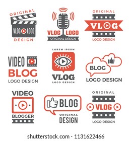 Various logotypes for tv channels and vloggers. Vlog video logo, vlogging club, channel vlogger logotype, vector illustration
