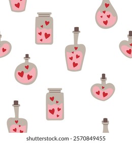 Various love poison in soft tones, arranged on a white background. A seamless pattern featuring, ideal for decor and textile design. Graphic pattern for fabric, wallpaper, packaging.