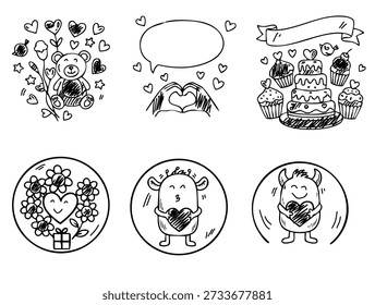 várias ilustrações temáticas de amor com flores de cupcakes e personagens adoráveis com corações