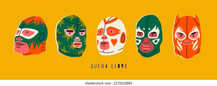 Verschiedene Lucha-Libre-Masken. Luchador bunter Kopf Set. Traditionelle mexikanische Ringmasken. Luchadores Helden. Handgezeichnete moderne Vektorgrafik. Jeder Kopf ist isoliert. Cartoon-Stil