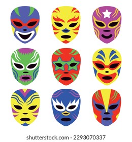 Various Lucha libre masks. Luchador colorful head set. Traditional Mexican wrestling masks.  Hand drawn modern Vector illustration.