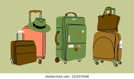 Various luggage bags, suitcases, baggage, travel bags. Vacation, travel, holiday concept. Hand drawn Vector set. Colorful trendy illustration. Cartoon style. Flat design. All elements are isolated