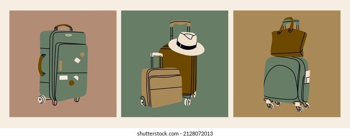 Various luggage bags, suitcases, baggage, travel bags. Vacation, travel, holiday concept. Hand drawn Vector set. Colorful trendy illustrations. Cartoon style. Flat design. All elements are isolated