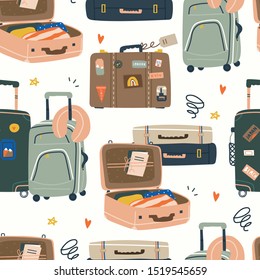 Various luggage bags, suitcases, neck pillow, baggage, travel bags. Vacation, holiday. Hand drawn vector seamless pattern. Colorful trendy illustration. Cartoon style. Flat design