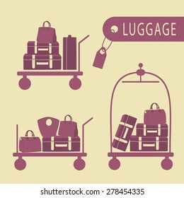 Various luggage carts and suitcases