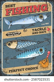 Various lures and baits are displayed on a vintage-style poster. The design highlights best fishing practices since 1991 and emphasizes quality tackle for anglers.