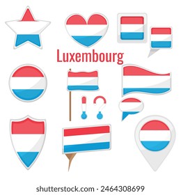 Varias banderas de Luxemburgo colocadas en el poste, la bandera de mesa, la marca, la insignia de la estrella y diferentes insignias de Formas. Pegatina patriótica luxemburguesa