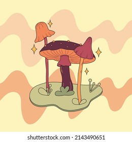 Various magic hallucinogenic mushrooms. Fantasy cute elements. Retro cartoon mushrooms on the grass. Abstract modern design. Hippie style. Vector flat illustration on an isolated background. 