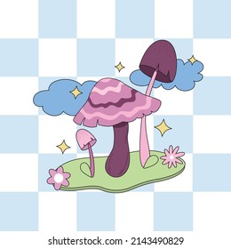 Various magic hallucinogenic mushrooms. Fantasy cute elements. Retro cartoon mushrooms on the grass. Abstract modern design. Hippie style. Vector flat illustration on an isolated background. 