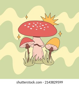 Various magic hallucinogenic mushrooms. Fantasy cute elements. Retro cartoon mushrooms on the grass. Abstract modern design. Hippie style. Vector flat illustration on an isolated background. 