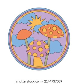 Various magic hallucinogenic mushrooms. Fantasy cute elements. Retro cartoon mushrooms on the grass. Modern design pin, icon, sticker. Hippie style. Vector flat illustration on an isolated background.