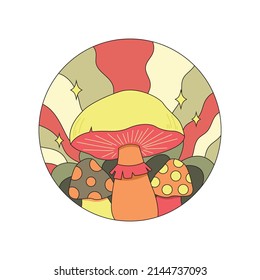 Various magic hallucinogenic mushrooms. Fantasy cute elements. Retro cartoon mushrooms on the grass. Modern design pin, icon, sticker. Hippie style. Vector flat illustration on an isolated background.