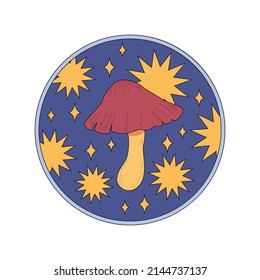 Various magic hallucinogenic mushrooms. Fantasy cute elements. Retro cartoon mushrooms on the grass. Modern design pin, icon, sticker. Hippie style. Vector flat illustration on an isolated background.