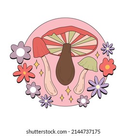 Various magic hallucinogenic mushrooms. Fantasy cute elements. Retro cartoon mushrooms on the grass. Modern design pin, icon, sticker. Hippie style. Vector flat illustration on an isolated background.