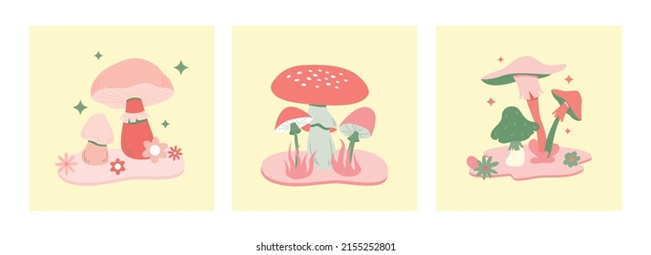 Various magic hallucinogenic mushrooms. Fantasy cute elements. Retro cartoon mushrooms on the grass. Abstract modern design. Hippie style. Vector flat illustration on an isolated background. 