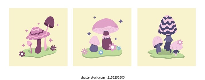 Various magic hallucinogenic mushrooms. Fantasy cute elements. Retro cartoon mushrooms on the grass. Abstract modern design. Hippie style. Vector flat illustration on an isolated background. 