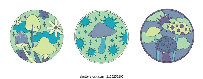 Various magic hallucinogenic mushrooms. Fantasy cute elements. Retro cartoon mushrooms on the grass. Modern design pin, icon, sticker. Hippie style. Vector flat illustration on an isolated background.