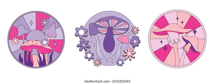 Various magic hallucinogenic mushrooms. Fantasy cute elements. Retro cartoon mushrooms on the grass. Modern design pin, icon, sticker. Hippie style. Vector flat illustration on an isolated background.