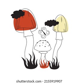 Various magic hallucinogenic mushrooms. Fantasy cute elements. Retro outline mushrooms on the grass. Line design. Hippie style. Vector flat illustration on an isolated background. 
