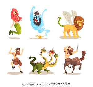 Varias criaturas mágicas míticas con sirena, Centaur, Fauna, dragón respirador de incendios, Jinn de Lámpara y Griffin Vector Set