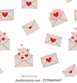 Various mail in soft tones, arranged on a white background. A seamless pattern featuring, ideal for decor and textile design. Graphic pattern for fabric, wallpaper, packaging.