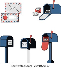 Various mailbox designs, including open and closed styles, with envelopes, create a playful and modern postal theme.