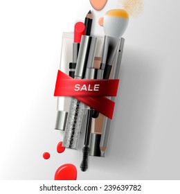 Various makeup brushes and cosmetics with red ribbon. Sale poster, vector illustration.