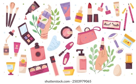 Various makeup products and cosmetics on a white background. Vector illustration