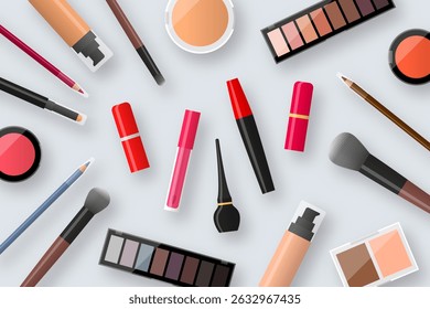 Vários produtos de maquiagem e ferramentas, grande variedade de cosméticos decorativos para rosto. Conceito de beleza