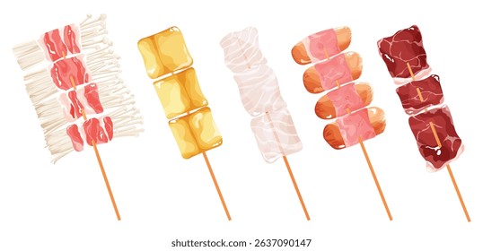 Various Mala BBQ Skewers with Cartoon Vector Illustration for Asian Street Food, Grilled Food or Spicy Food.
