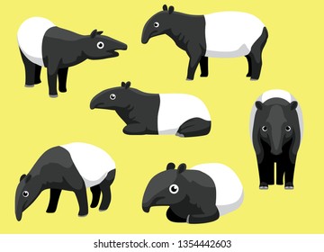 Various Malayan Tapir Poses Cartoon Cute Vector