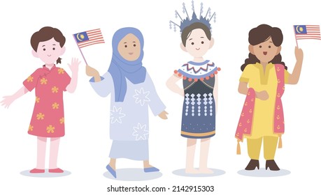 Various Malaysian ethnicities celebrating independence day waving the Malaysian flag
