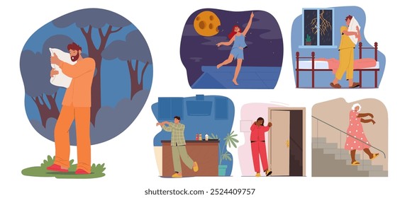 Various Male and Female Character Sleepwalking in Different Situations and Environments Depicting Somnambulism Activities Under Moonlight and Indoors. Cartoon Vector Illustration