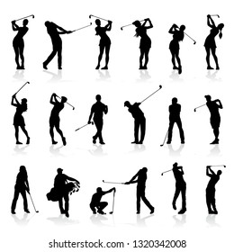 Various male and female golf poses in silhouettes