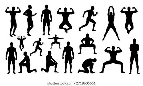 Varias siluetas masculinas posando para el gimnasio de culturismo y la fuerza muscular física