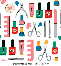 Various manicure accessories, equipment, tools. Nail scissors, nail file, tweezers, nail polish, hand cream, polish remover, brush etc. Hand drawn colored vector seamless pattern