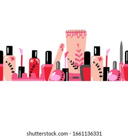 Various manicure accessories, equipment, tools. nail polish, hand cream, polish remover, brush. Hand drawn colored vector set. All elements are isolated