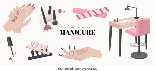 Various manicure accessories, equipment, tools isolated on white background. Hand drawn colored vector set
