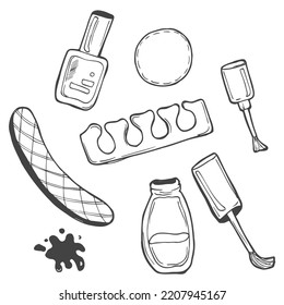 Various manicure accessories, equipment, tools. Nail scissors, nail file, tweezers, nail polish, nail oil, polish remover, brush etc. Hand drawn colored vector set. All elements are isolated