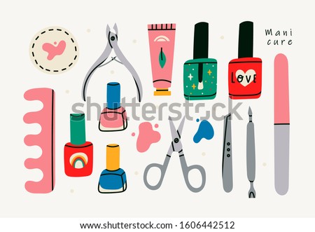 Various manicure accessories, equipment, tools. Nail scissors, nail file, tweezers, nail polish, hand cream, polish remover, brush etc. Hand drawn colored vector set. All elements are isolated