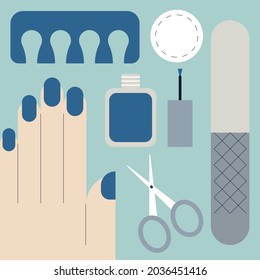 Various manicure accessories set, equipment, tools. Nail scissors, nail file, tweezers, nail polish. Vector illustration.