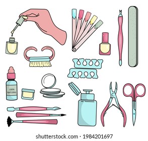 Various manicure accessories and tools. Nail scissors, nail file, nail polish, nail polish remover, brush, etc. Hand-drawn color vector set. All elements are isolated.