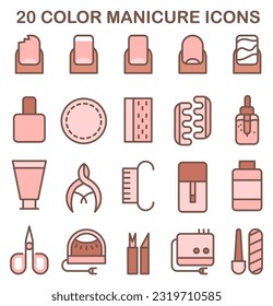 Various manicure and pedicure icons set. Professional equipment and tools for nail care and design. Scissors, file, tweezers, polish, hand cream, polish remover, brush etc. Flat vector illustration