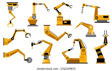 Verschiedene Fertigungsroboter haben eine flache Ikone gesetzt. Mechanische robotische Krallen, einzelne Vektorgrafik-Kollektion. Konzept der Industrie, der Wissenschaft und der Automatisierung