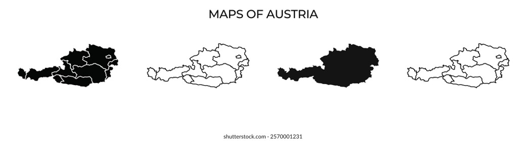 Various maps depict the regions of Austria in different styles, showcasing political boundaries and geographic features. This representation highlights diverse areas across the country.