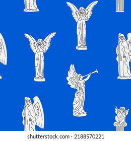 Various marble Statues. Sculptures with wings. Antique statue with horn. Statues of angels, cupid, cherub. Hand drawn modern Vector illustration. Cartoon style. Square seamless Pattern