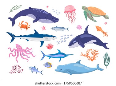 Various marine animals flat icon set. Cartoon cute fish, jellyfish, whale, turtle, octopus and shark isolated vector illustration collection. Sea or ocean underwater life concept