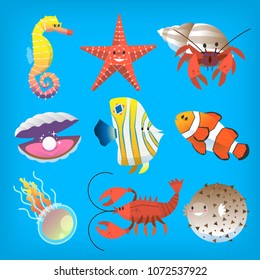 Various marine animals you can see at deep underwater or at the seaside. Isolated vector illustrations