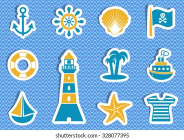 Various marine and pirate colorful vector labels